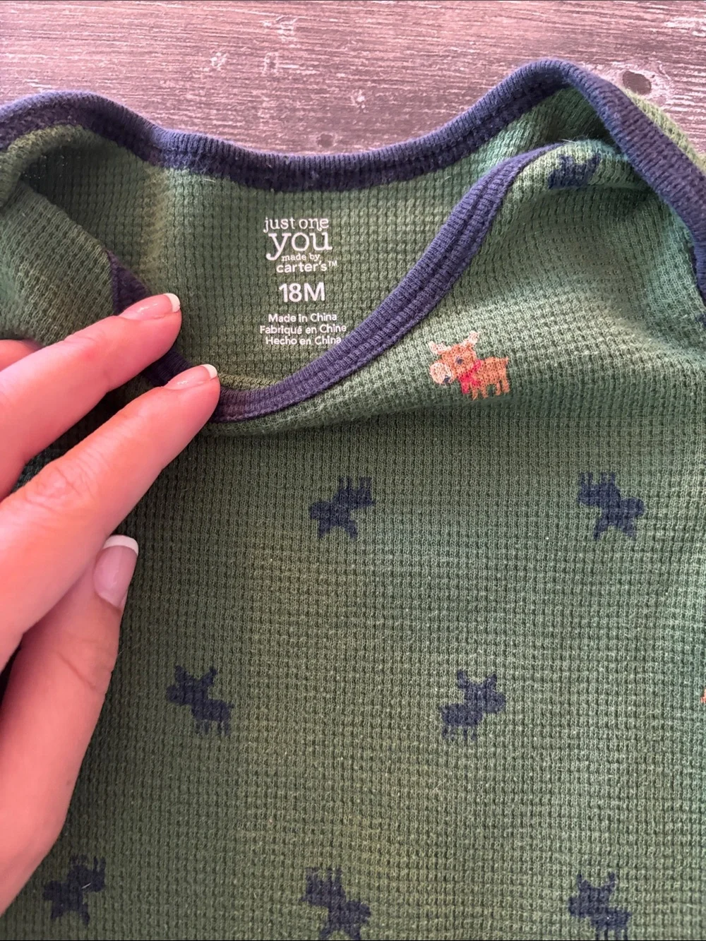 Winter moose Green Long-Sleeve Baby One-Piece with Navy Trim